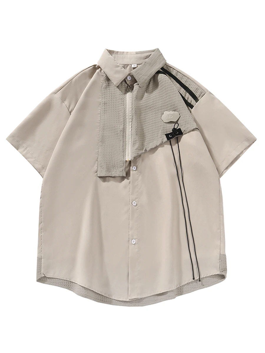 2025 Summer New Patchwork Fake Two-Piece Khaki Short Sleeve Shirt American Design Dark Blue Casual Slim Fit Daily Top