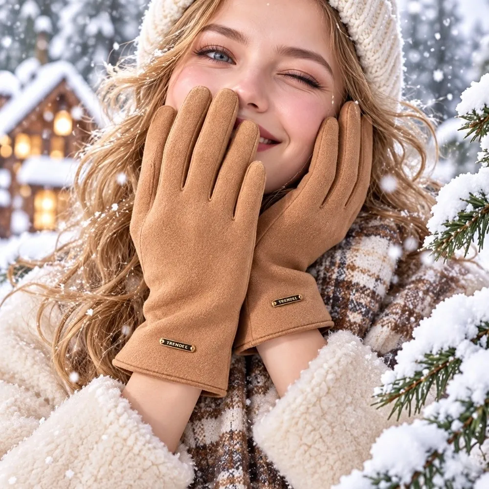 Faux Suede Winter Suede Gloves Solid Color Thickened Touchscreen Driving Mittens Soft Texture Full Fingers Fleece Lined Warmers