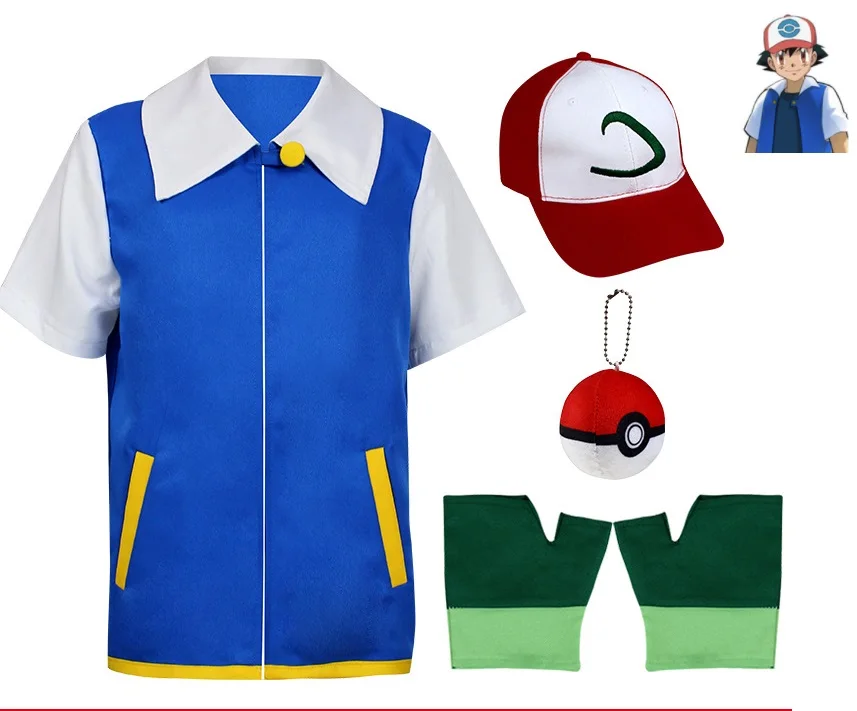 Ash Ketchum-chaqueta azul de Anime para hombre y niña, disfraz de Cosplay, sombrero de entrenador de Halloween, guantes, gorra de béisbol ajustable,