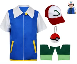 Men Anime Blue Jackets Girls Boys Ash Ketchum Cosplay Costume Halloween Coach Hat Gloves Adjustable Baseball Cap Cosplay Coat