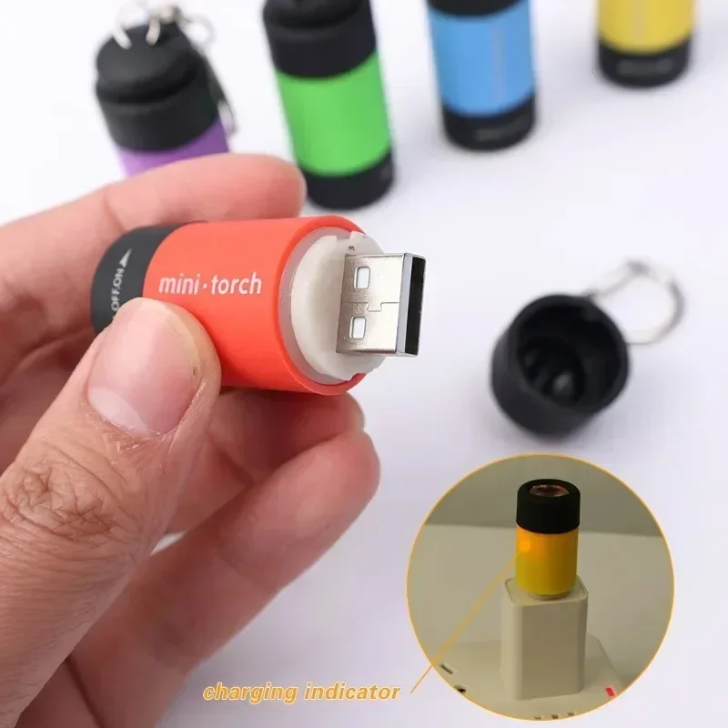 Senter Mini 10/1 Buah USB Isi Ulang LED Lampu Senter Multifungsi Saku Gantungan Kunci Senter Tahan Air Lampu Berkemah Luar Ruangan