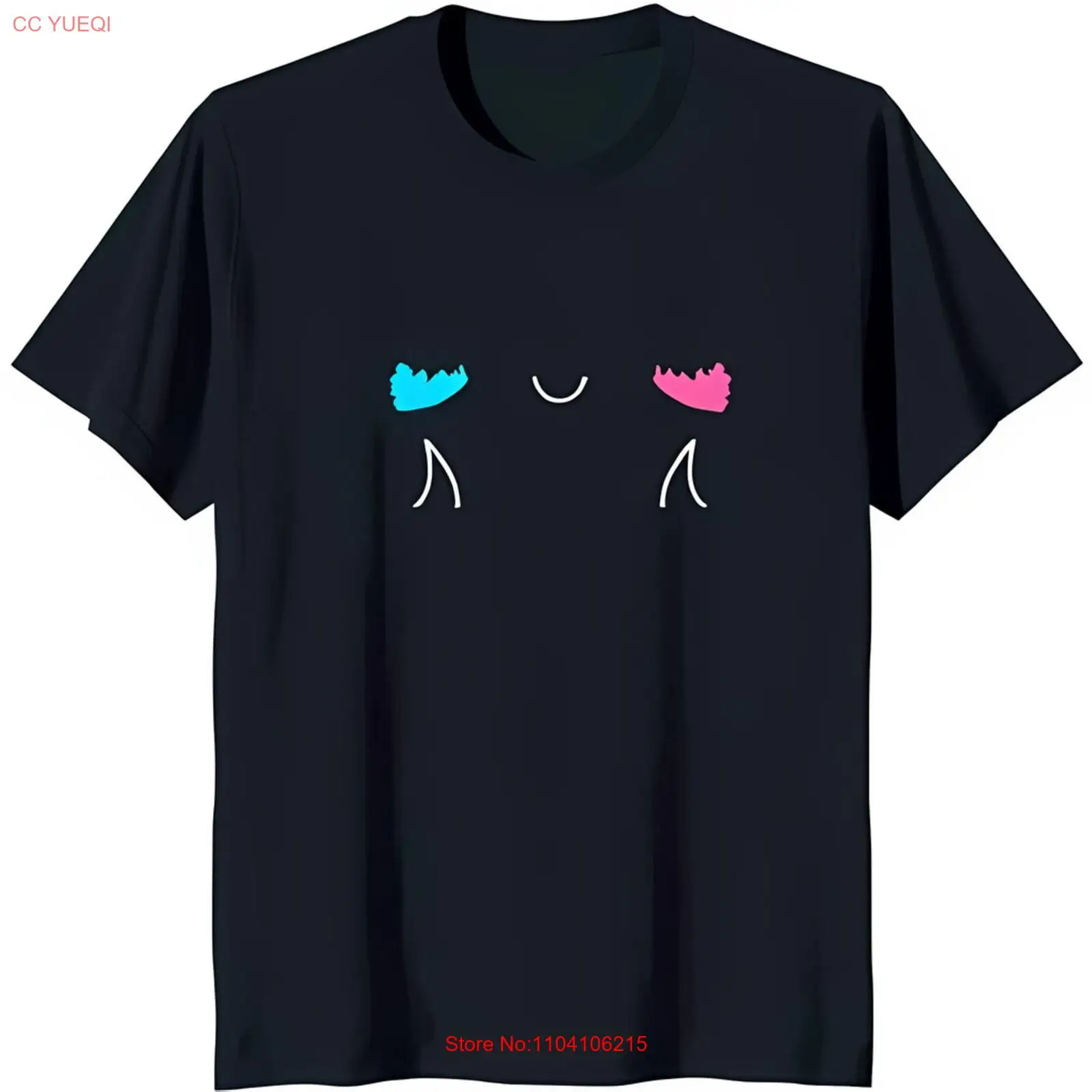 Whimsical Cartoon Face Black T-Shirt with Colorful Teardrop Eyes & Smile