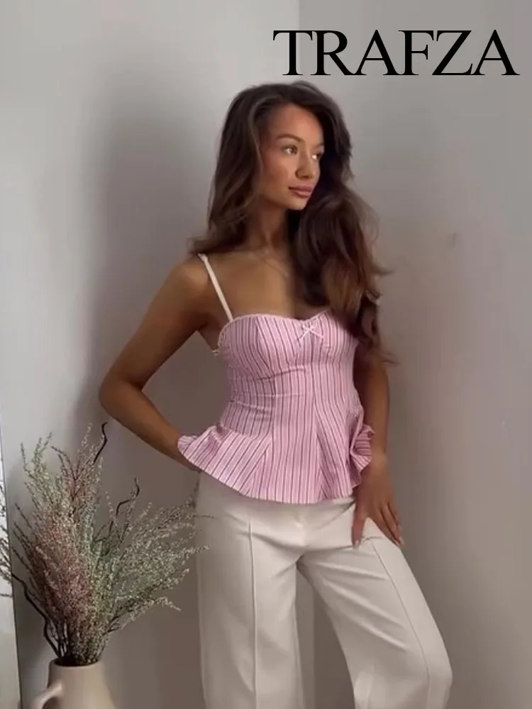 

TRAFZA Women's Summer New Fashion Short Tops Solid Stripe Sleeveless Backless Bow Decorate Female Sexy Slim Sling Top 3 Color