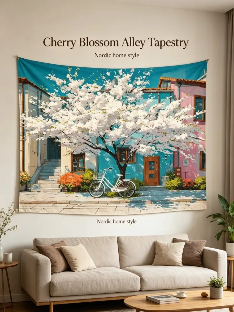 Cherry Blossom Street Tapestry | Spring Town Bicycle Wall Hanging for Living Room Decor