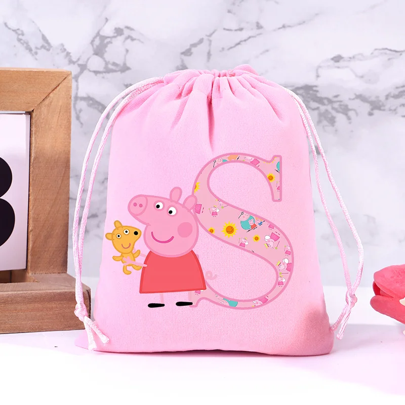 Bolsas de Lona con Cordón de Peppa Pig, Bolsas de Mano con Letras de la A a la Z con Figuras de Anime Kawaii, Bolsa de Almacenamiento para Dulces, Decoración para Fiestas de Cumpleaños, Bolsa de Regalo