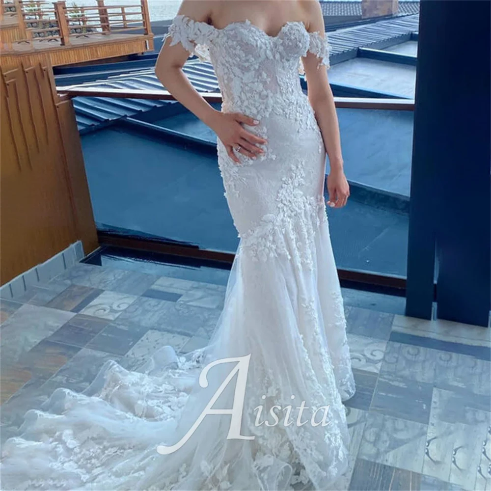 

Boho Mermaid Bride Dresses Off Shoulder Embroidery Lace Tulle Chic Wedding Dresses For Woman Wedding Dress Vestidos De Novia