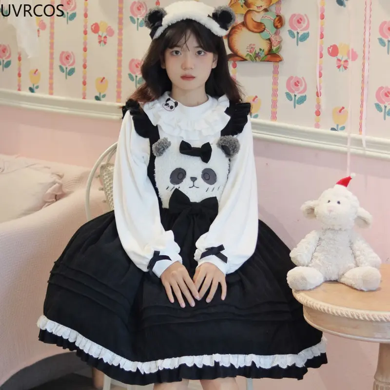 Vestido japonés de pana Lolita Jsk para mujer, vestidos de fiesta con lazo de oveja bordado de oso Panda, Kawii, Otoño e Invierno