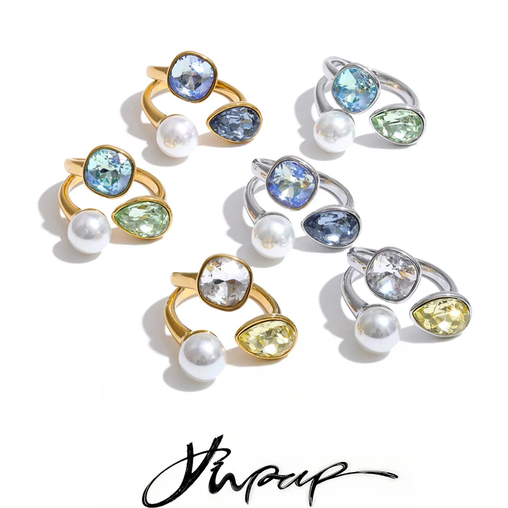 Yhpup Stainless Steel Imitation Pearls K9 Crystal Adjustable Ring 2026 New Arrivals Summer Fashion Finger Jewelry High Quality