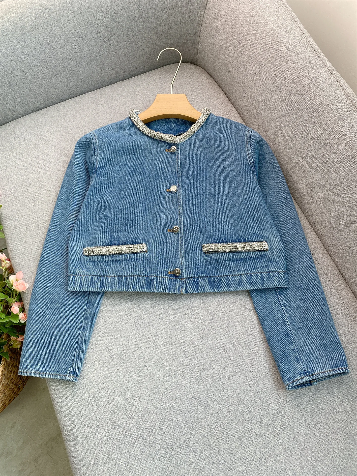 

Женское осенне-зимнее новое пальто с круглым вырезом и бриллиантами, однобортная короткая модная куртка