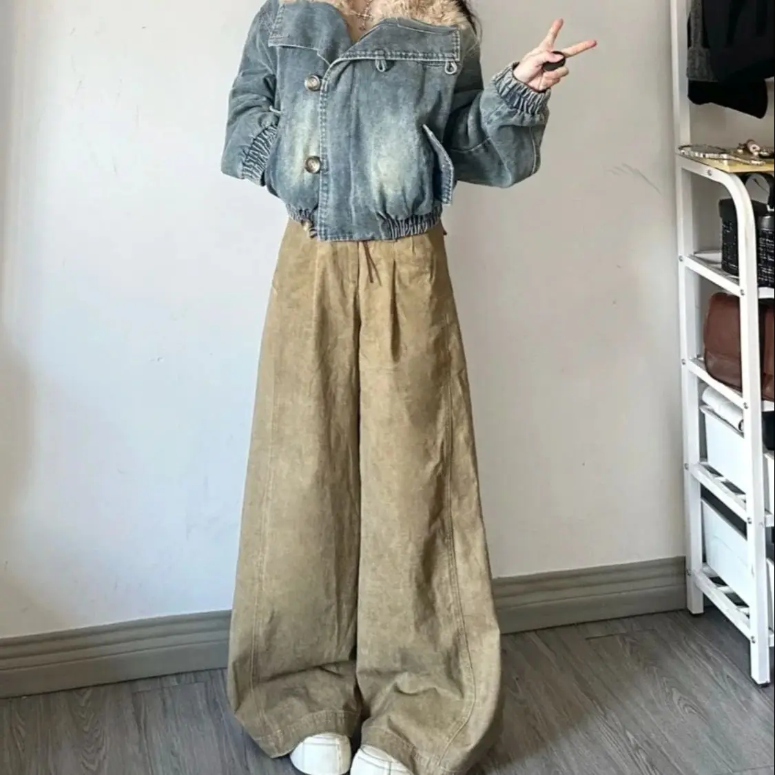 

American Retro Washing Wide-Leg Jeans Women Spring Autumn New Loose Design Slimming Wide-Leg Floor Trousers