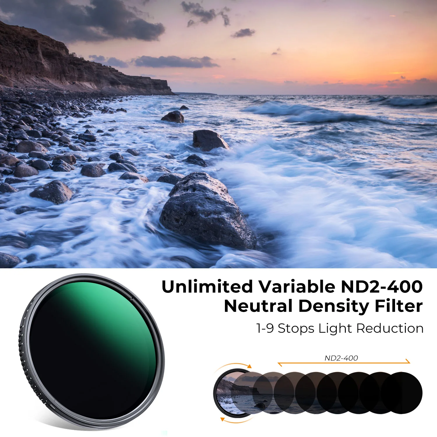 K&F Concept ND2-ND400 Variable Filter 1-9 Stop 24 Layers Nano-coating 49-82mm Optical Glass for Nikon Canon Camera Lenses Filter