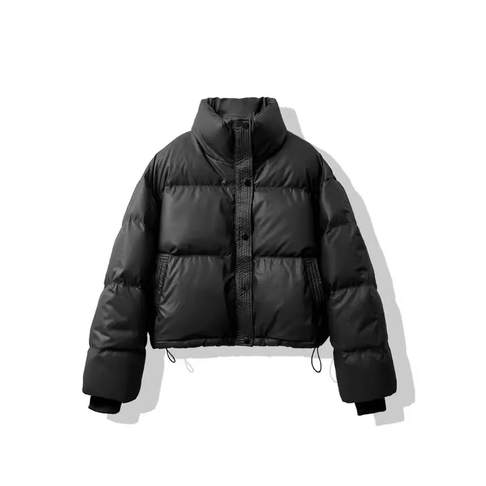 PU Leather Cotton Padded Jacket Women Crop Puffer Jacket Winter Warm Thick Loose Padded Coat Waterproof Windproof Trendy Jacket