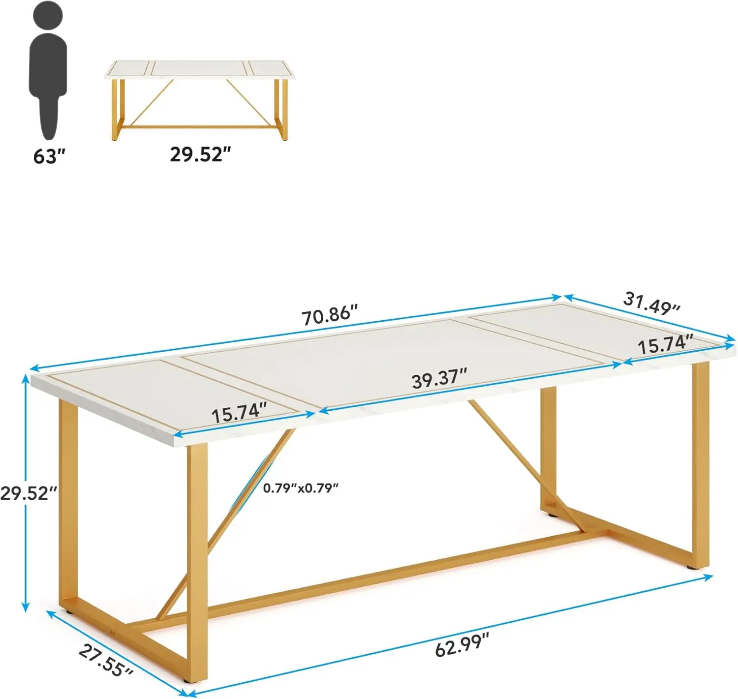 Modern Executive Desk, 70.9’’ W X 31.5’’ D Large Computer Desk Office Work Desks with Gold Metal Base, White and Gold Study Writ