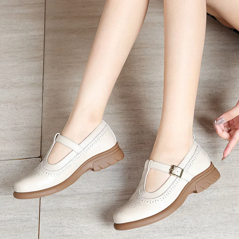 Brown Plus Size Platform Shoes for Women Round Toe Shoes Pumps Slip-on Tabi Leather Loafers Womens Lolita Mary Jane Women\'s Boat