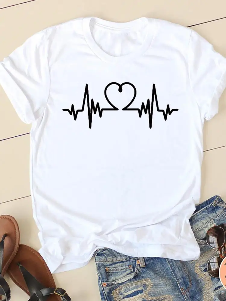 

Heartbeat Trend Cute 90s Casual Graphic T-shirt Women Clothes Short Sleeve Lady Fashion Print Female Shirt Tee