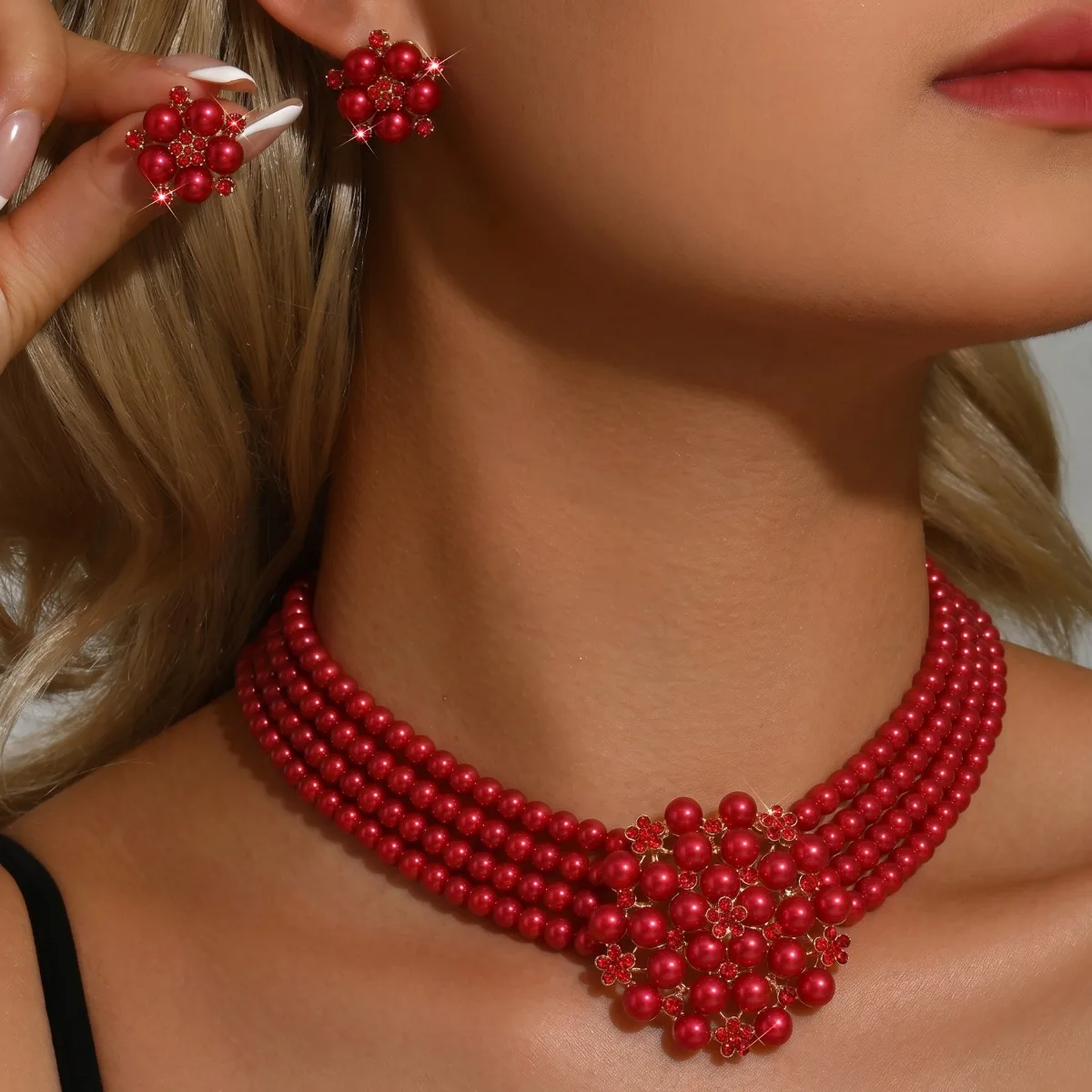 Multi Layered Red Imitation Pearls, Embellished with Small Flowers and Diamonds, Necklaces and Earrings, Toasting Gowns, Dinner