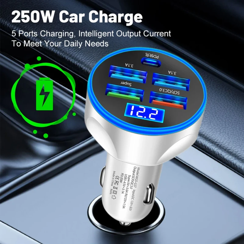 250W Car Charger QC 3.0 PD USB Super Fast Charge 5-Port 4USB+1PD Car Cigarette Lighter Phone Charger Adapter For iPhone Huawei