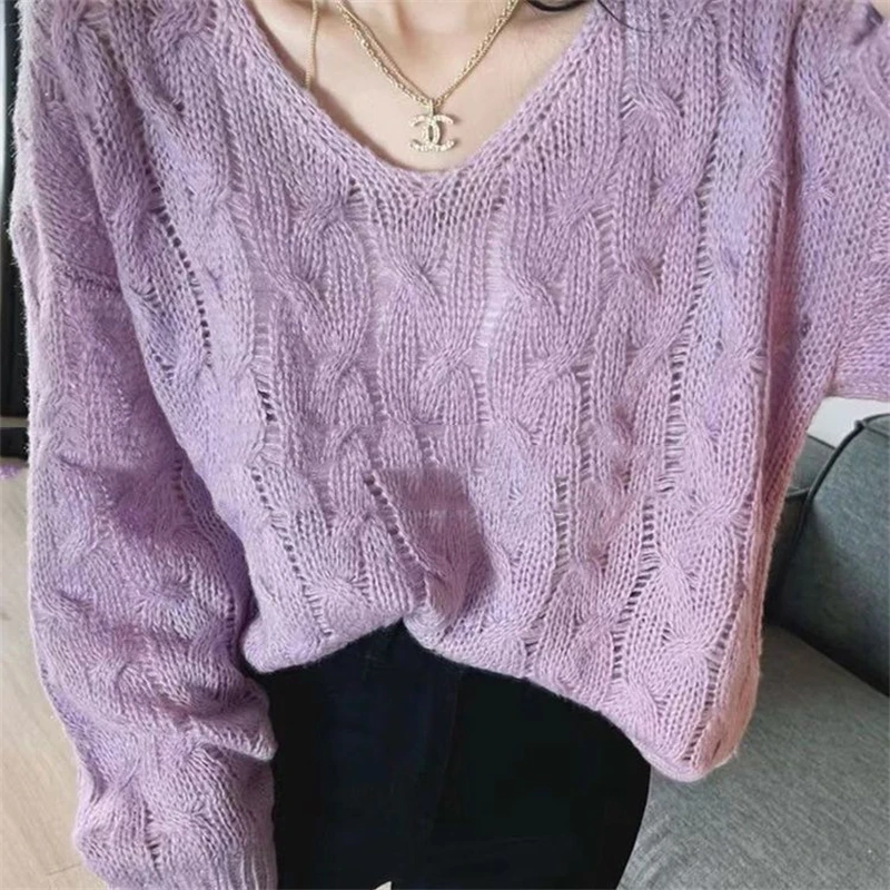 Autumn Winter Women Trendy Casual Streetwear Hollow Chic Knitted Sweater Y2K Female Solid V Neck Long Sleeve Loose Pullover Tops