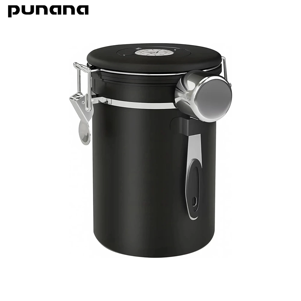 Punana Coffee Canister Airtight Coffee Container Stainless Steel Coffee Bean Storage Container with Scoop for Beans, 16OZ, Black