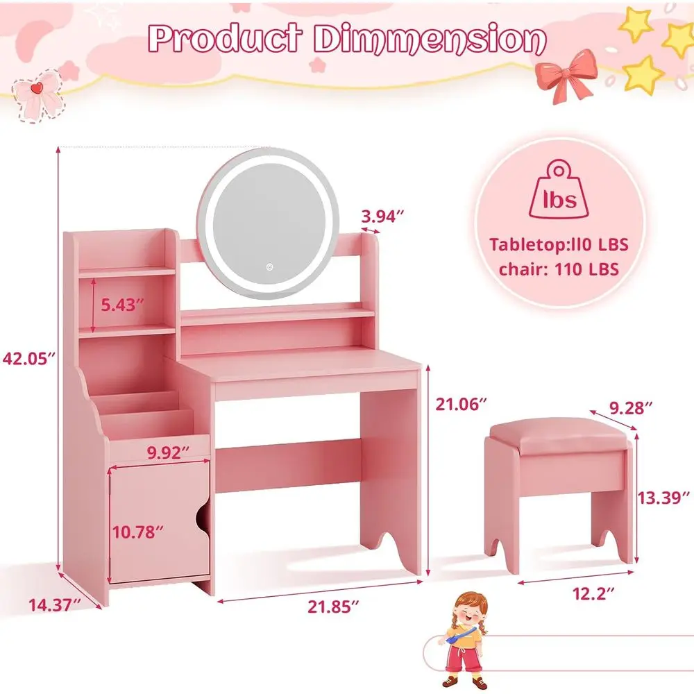 Vabches Kids Vanity with Lights, Toddler Vanity Table and Chair Set | PrincMakeup Vanity Desk with Open Bookshel, Storage Cabine