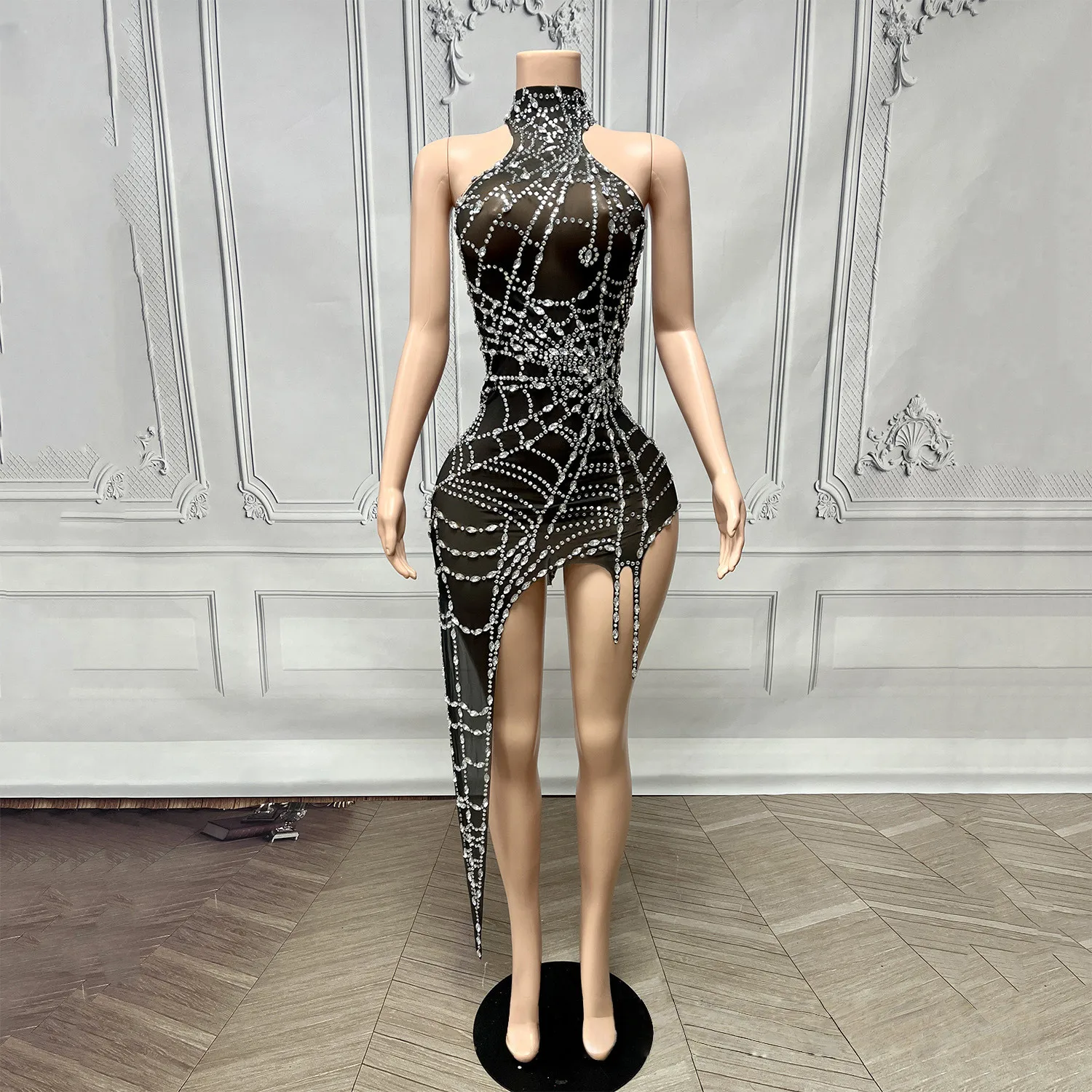 

Women Luxury Black Mesh Spider Crystal Asymmetric Bodycon Mini Dress Sexy Sensual Evening Club Nightwears Showgirls Dress