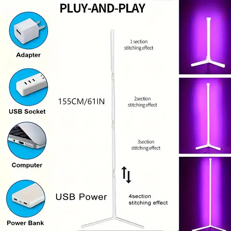 Lampa podłogowa narożna RGB 155 cm, lampa podłogowa ze zmianą koloru ze sterowaniem za pomocą inteligentnej aplikacji, nowoczesna lampa podłogowa z