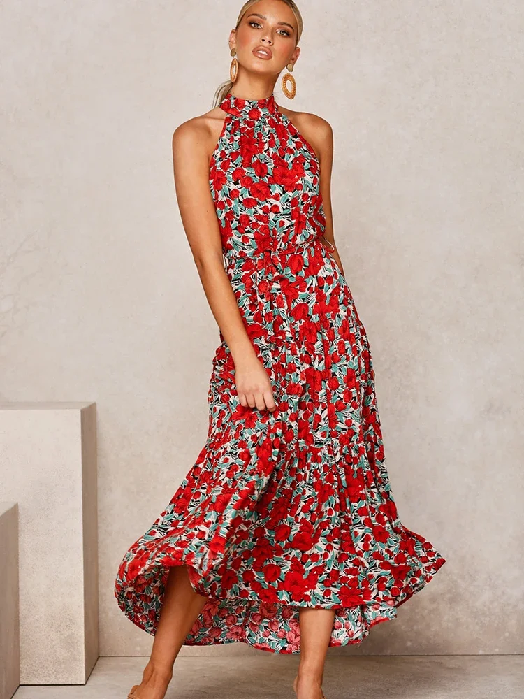 Vestido longo de verão, bolinhas, vestidos casuais, preto, sexy, halter, sem alças, novo, 2022, amarelo, roupas de férias para mulheres