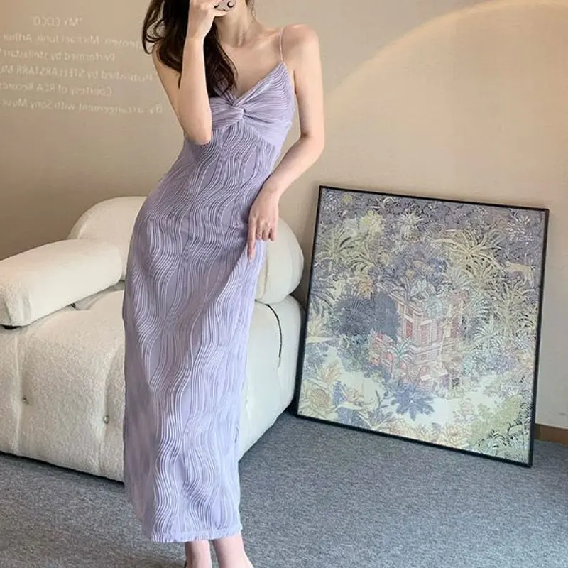 Sexy V-Neck Stylish Folds Slip Long Dress Summer French Style Elegant Slim Female Clothing Waist Sleeveless Solid Color Dresses