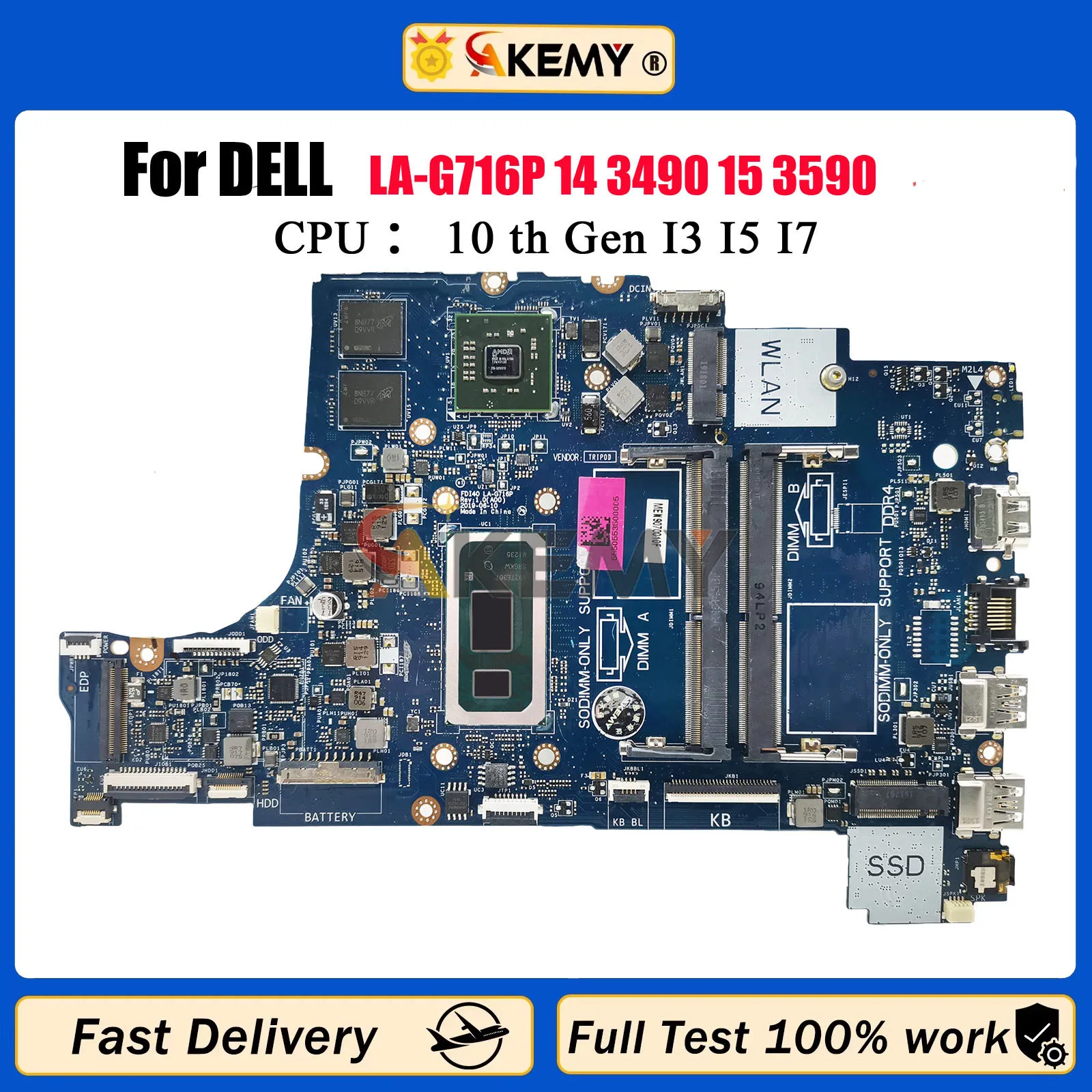 

LA-G716P Материнская плата для ноутбука Dell Inspiron 3490 3590 5494, материнская плата P43V7 с процессором i5 i7 10-го поколения V2G, графический процессор, 100% протестировано, ОК