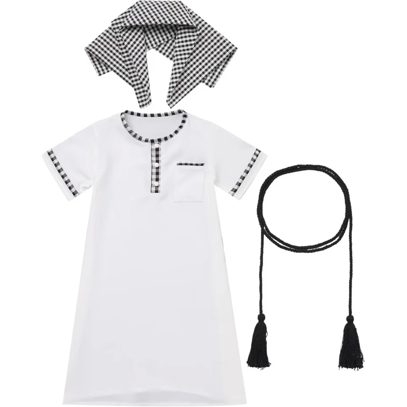 

Toddler Muslim Baby Boys Prayer Clothes Kaftan Thobe Short Sleeve Ramadan Arabic Islamic Abaya Dubai Robe Head Scarf Rope Set