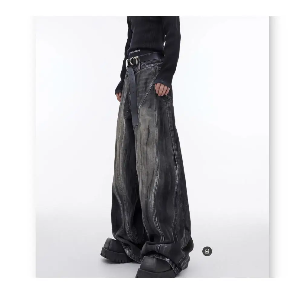 Retro Distressed Wide Leg Loose Jeans Hand-Painted Casual Pants High Waist Cotton Polyester Blend Four Seasons Fashionable