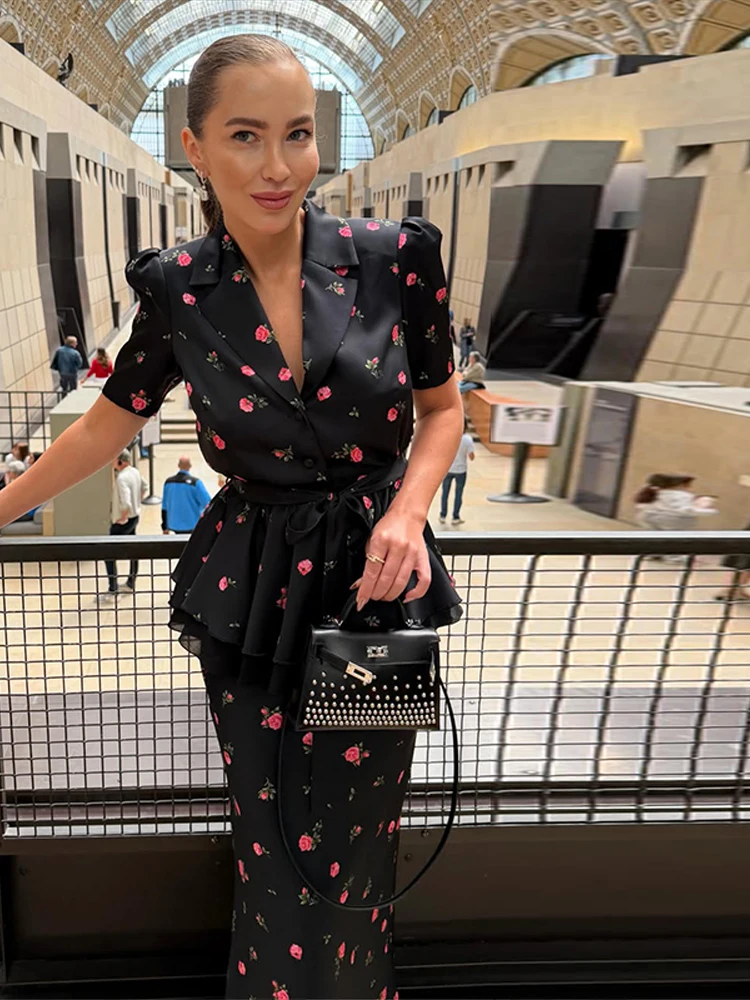 Floral Blazer Coat Skirt Sets Women Elegant Lapel Short Sleeve Single-breasted Lace Up Coat Midi Skirt Two Piece Set 2026 Summer - view 2