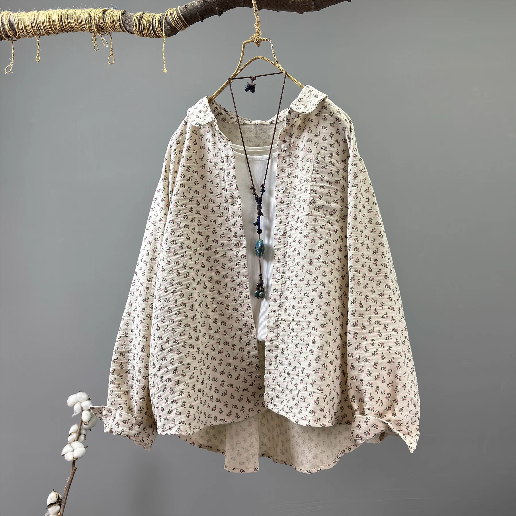 Enianechu Plus size tops rustic print shirts for women autumn 100% cotton yarn soft long sleeve blouses single-breasted outwear