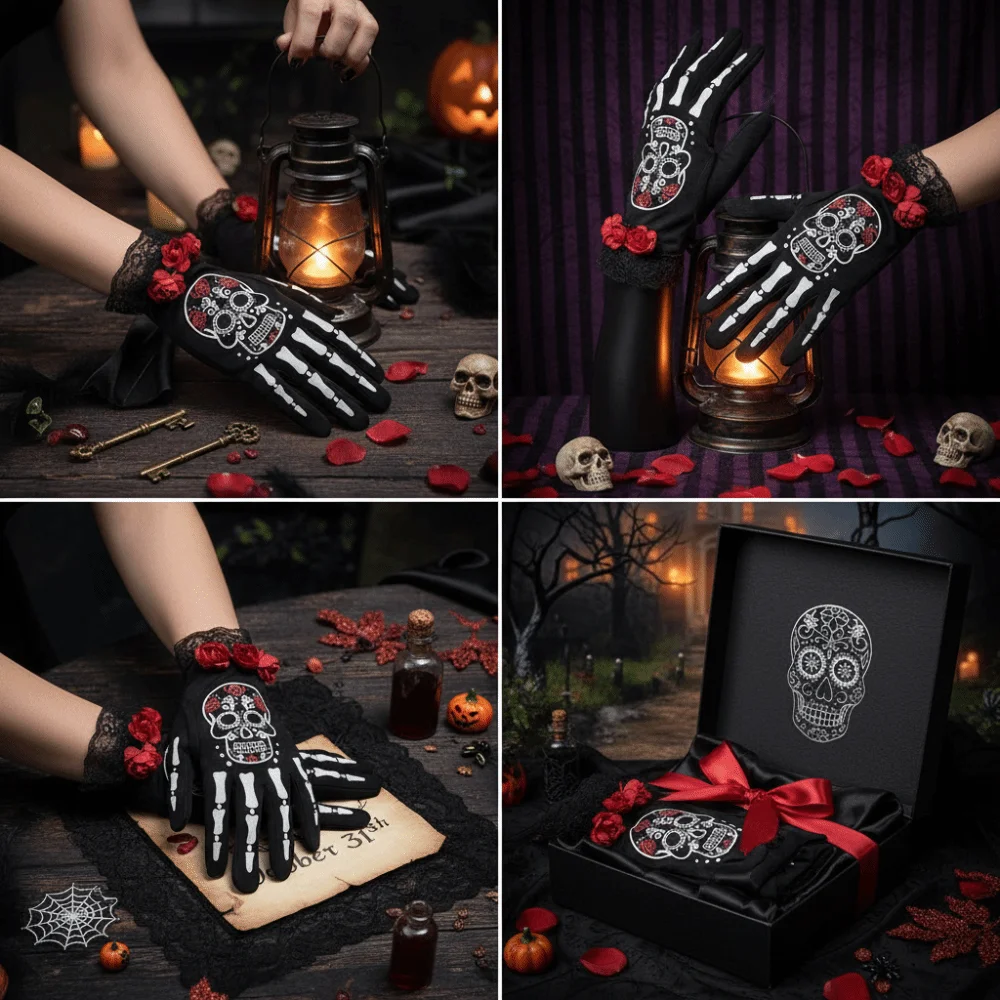 Gift Rose Flower Design Lace Mesh Mittens Luminous Punk Style Halloween Cosplay Gloves Winter Warm Halloween Gloves Party Dress