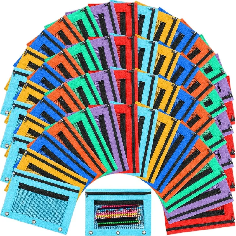 

100 Pieces Zipper Binder Pencil Pouches Bulk 3 Ring Binder Pouches Zipper Pouches Case with Window Ring Binder Pencil Bag