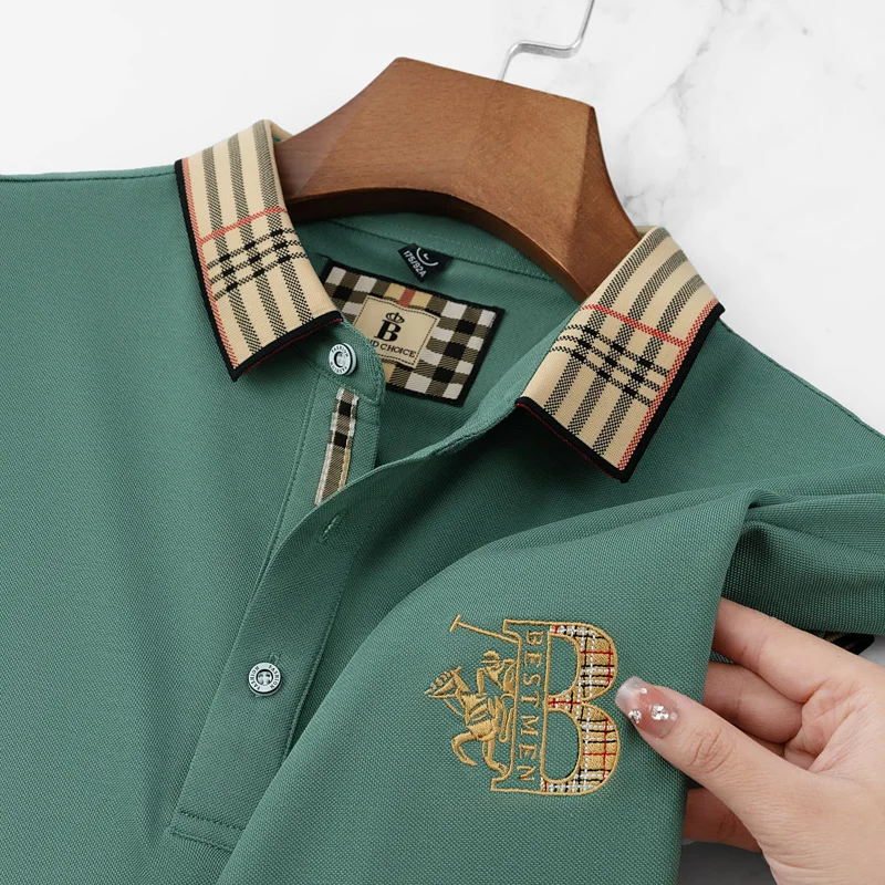 High End Men's New Exquisite Embroidered Design Polo Shirt Fashionable Summer Comfortable Breathable Striped Collar Short Sleeve