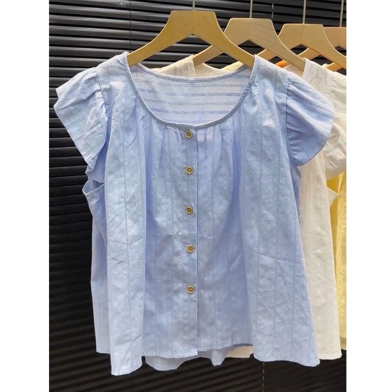 Women's Summer New Sle Hook Flower Hollow out round Ne Fly Sve irt ort Loose Slimming Casual Top Sweet Sle