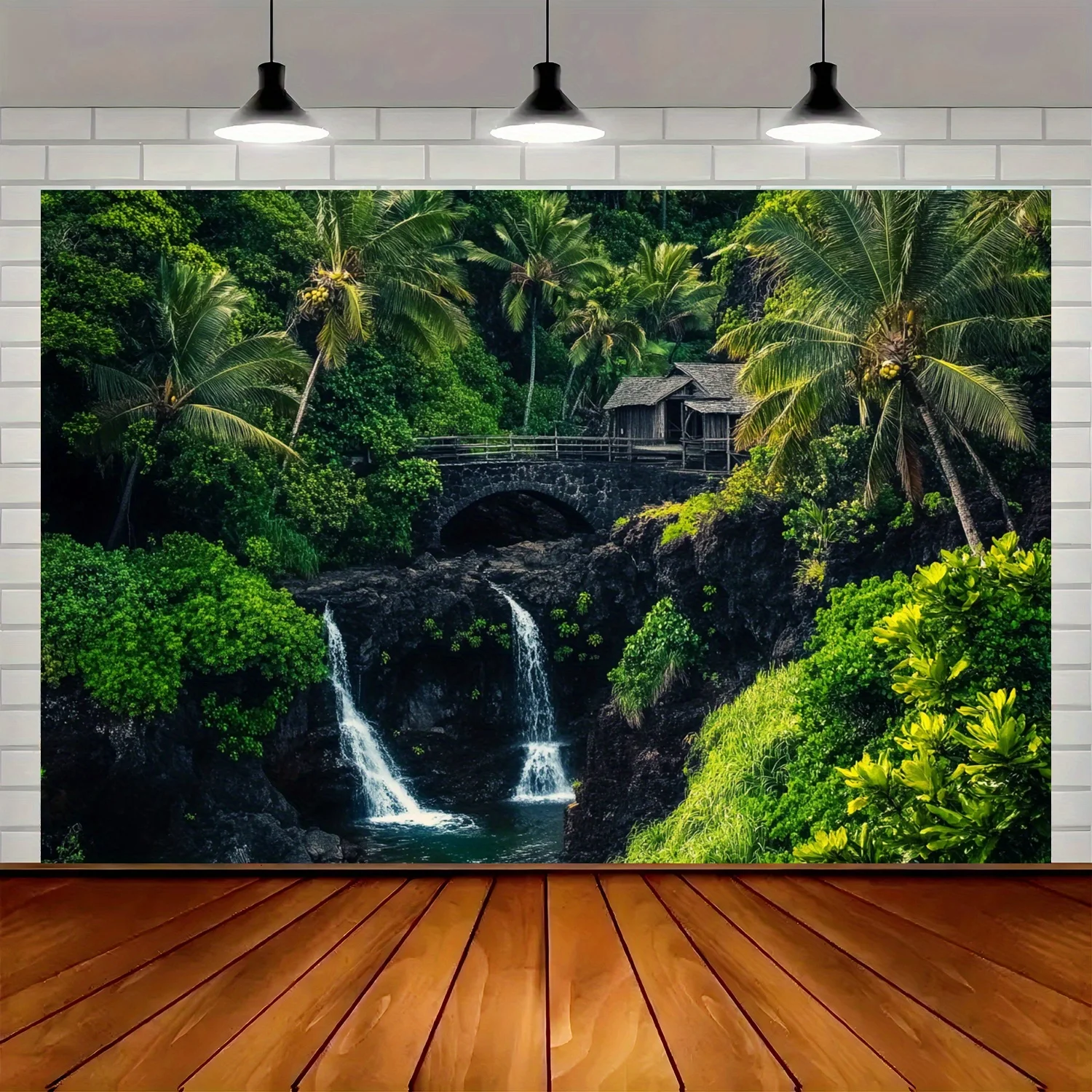 Bannière de fond de pont de cascade tropicale, cascade, pont en bois et design de palmier, plusieurs tailles au choix, 1 pièce