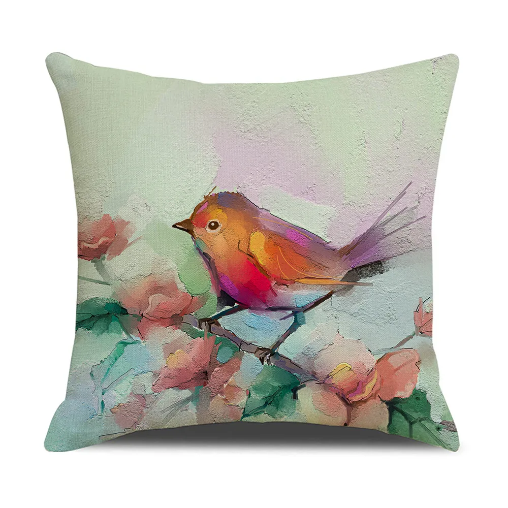 Spring watercolor oil painting bird pillow cover for home living room cushion cover