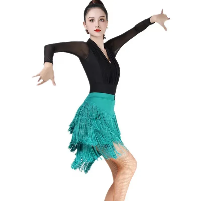 One Piece Ballroom Rumba Samba Tassels Dancewear Adult Female Training Chacha Performance Costume Women Latin Dance Skirt