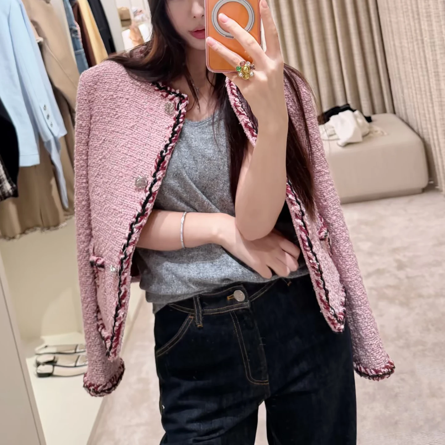 Jacket Autumn women's pink tweed crew neck jacket Women's thin temperament Celebrity button short coat