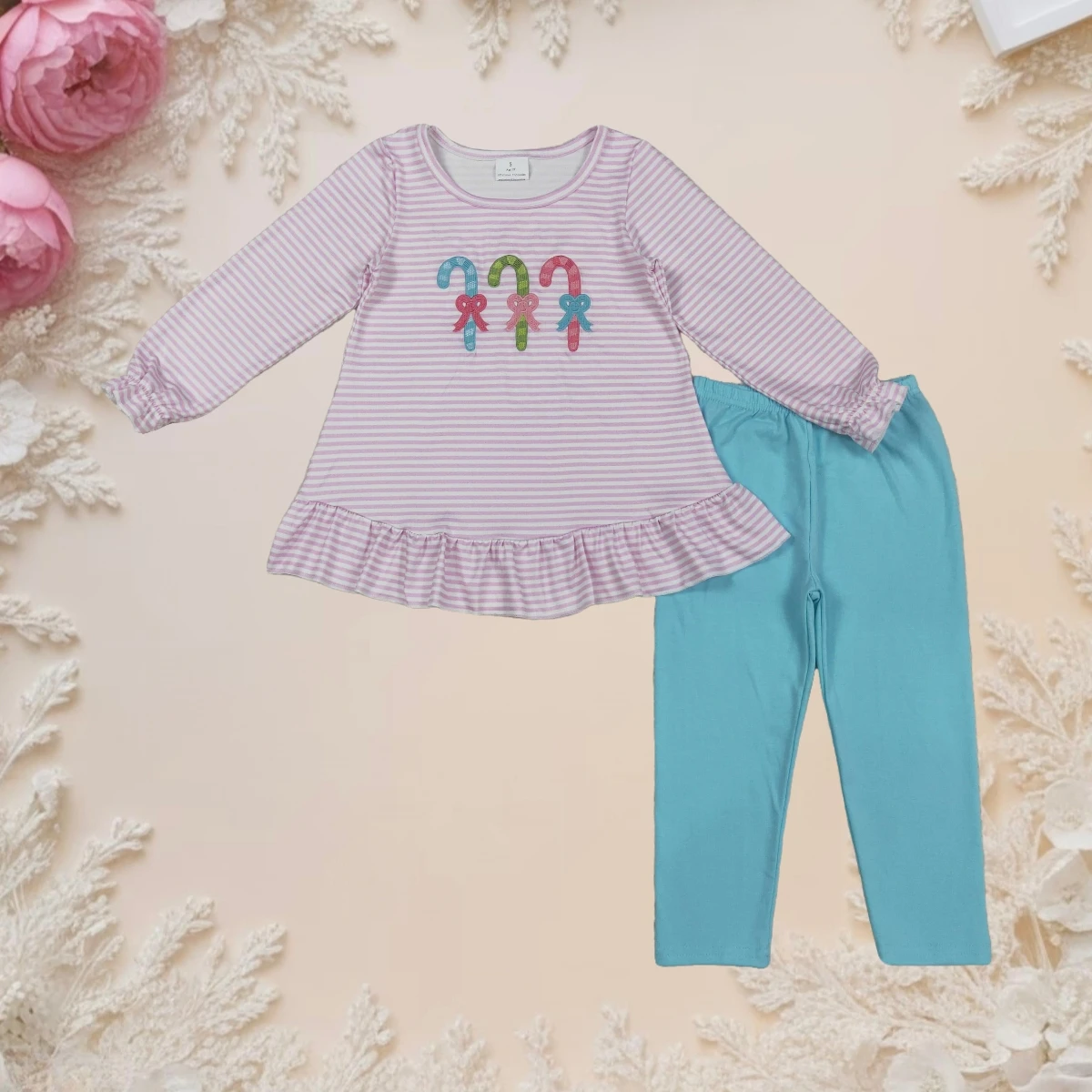 

Christmas Toddler Girl Outfit Candy Cane Embroidery Pink Stripe Ruffle Tunic Top with Legging Pants Kids Clothing Hot Sale