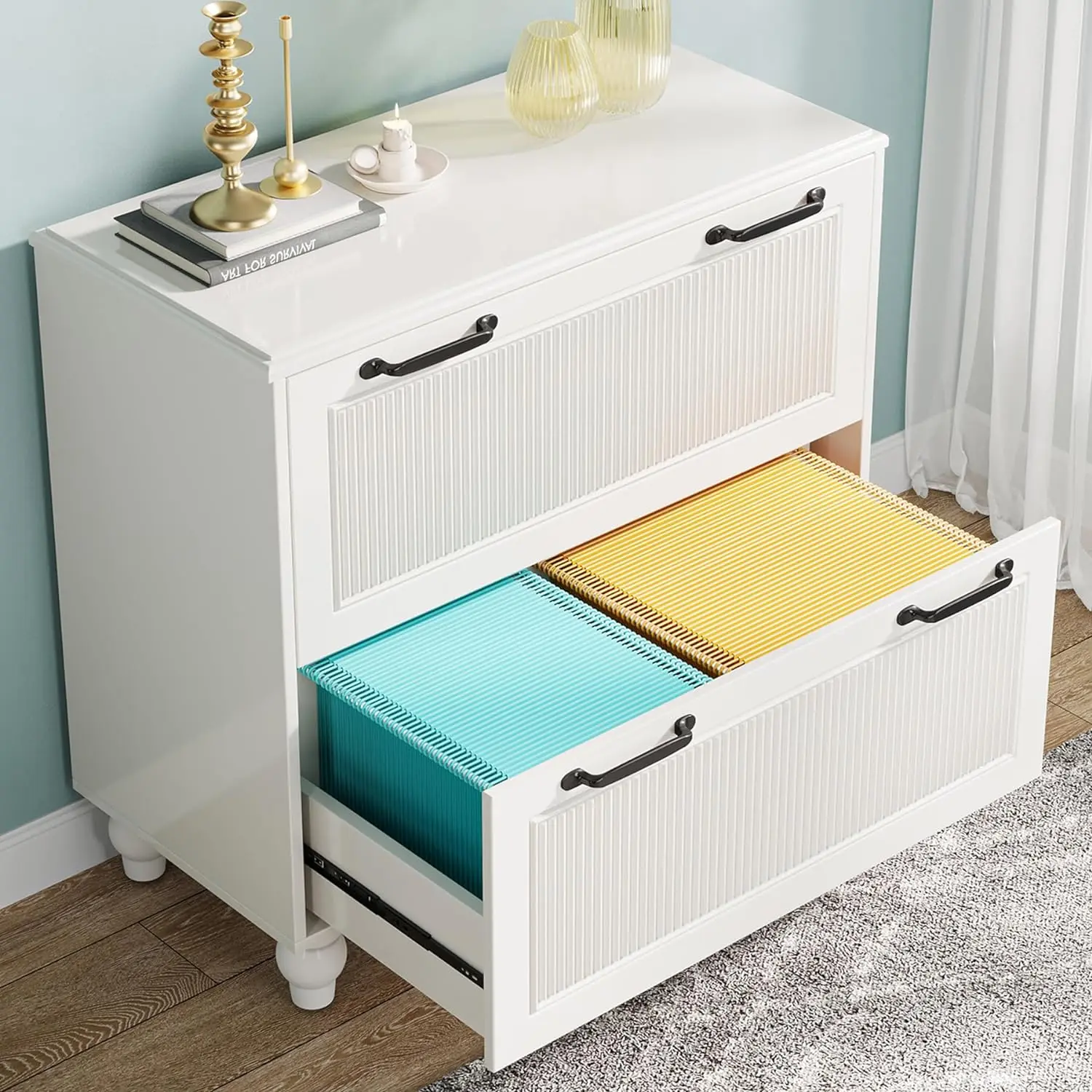 2-Drawer File Cabinet, White Wood Lateral Filing Cabinet w/ Adjustable Hanging Bar for Letter/Legal Size, Office Storage Cabinet