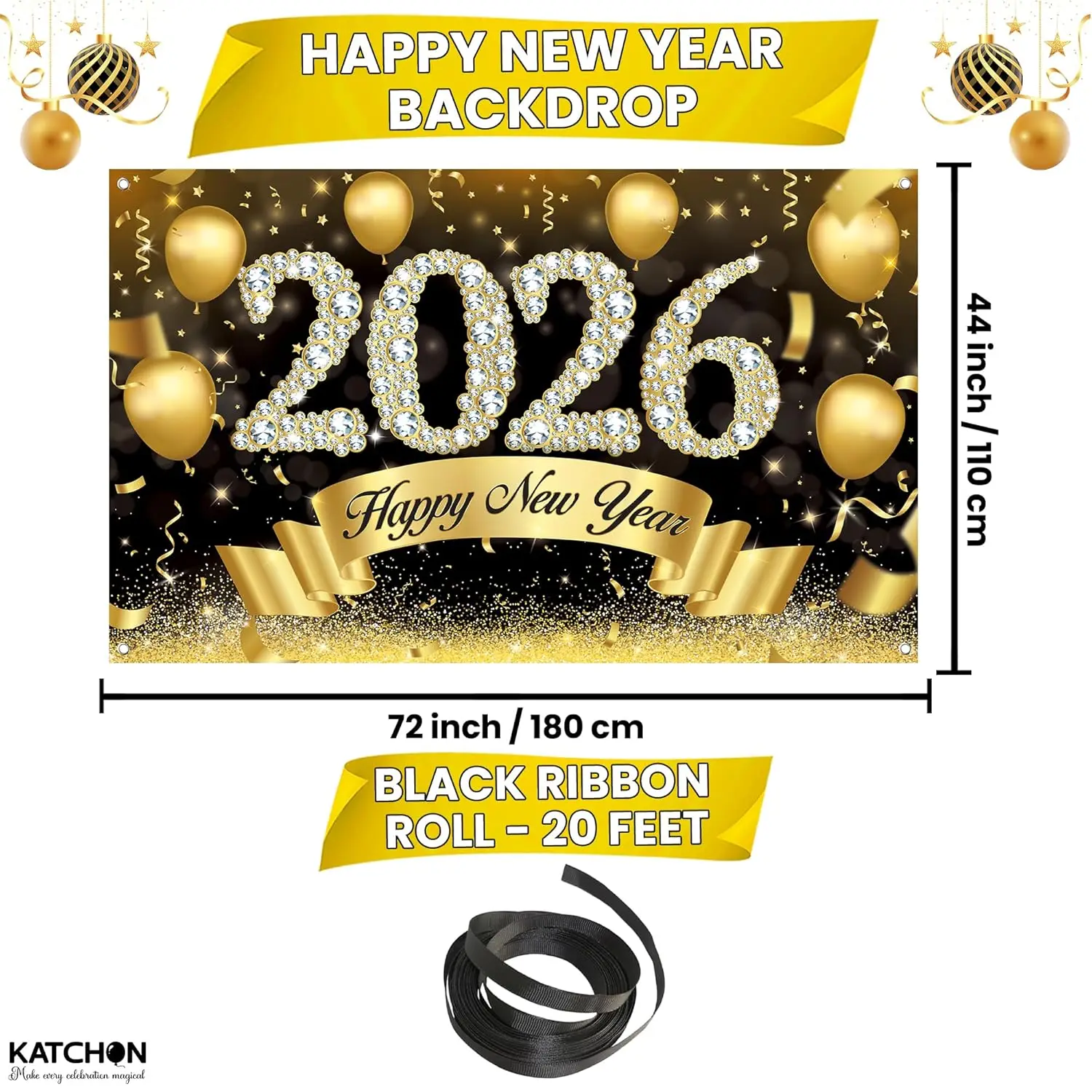 超大型2026年新年バナー背景布 - キラキラピンクの大晦日パーティーデコレーション