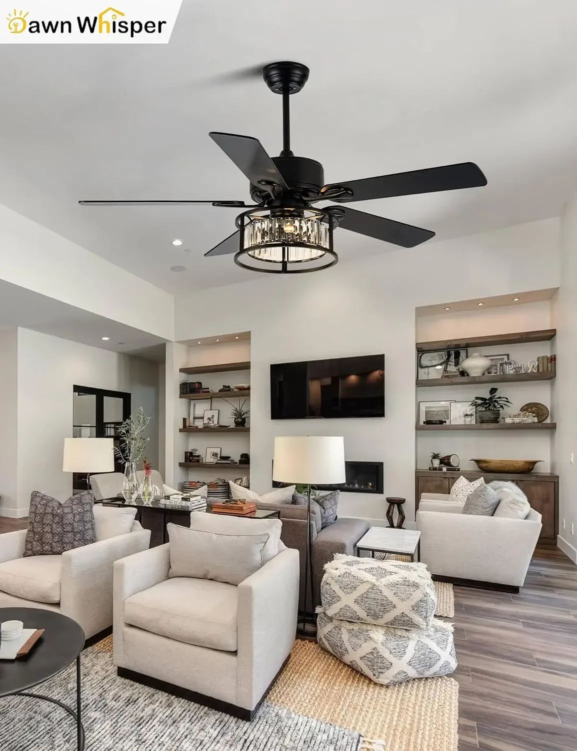 52인치 샹들리에 천장 선풍기 (조명 및 리모컨 포함), 저소음 양방향 DC 모터, 블랙 케이지 모던 침실용 천장 선풍기