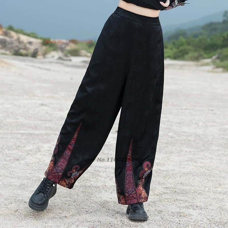 2026 national flower embroidery ethnic elastic waist folk trousers chinese vintage pants retro satin jacquard patchwork pants