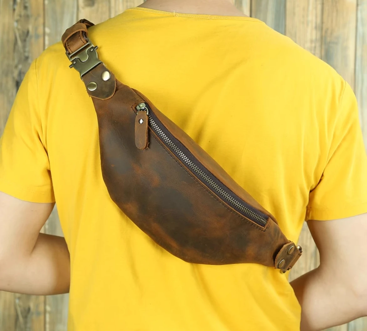 

Vintage Men's Crazy Horse Leather Waist Bag Top Layer Cowhide Messenger Bag Genuine Leather Outdoor Sports Cycling Chest Bag