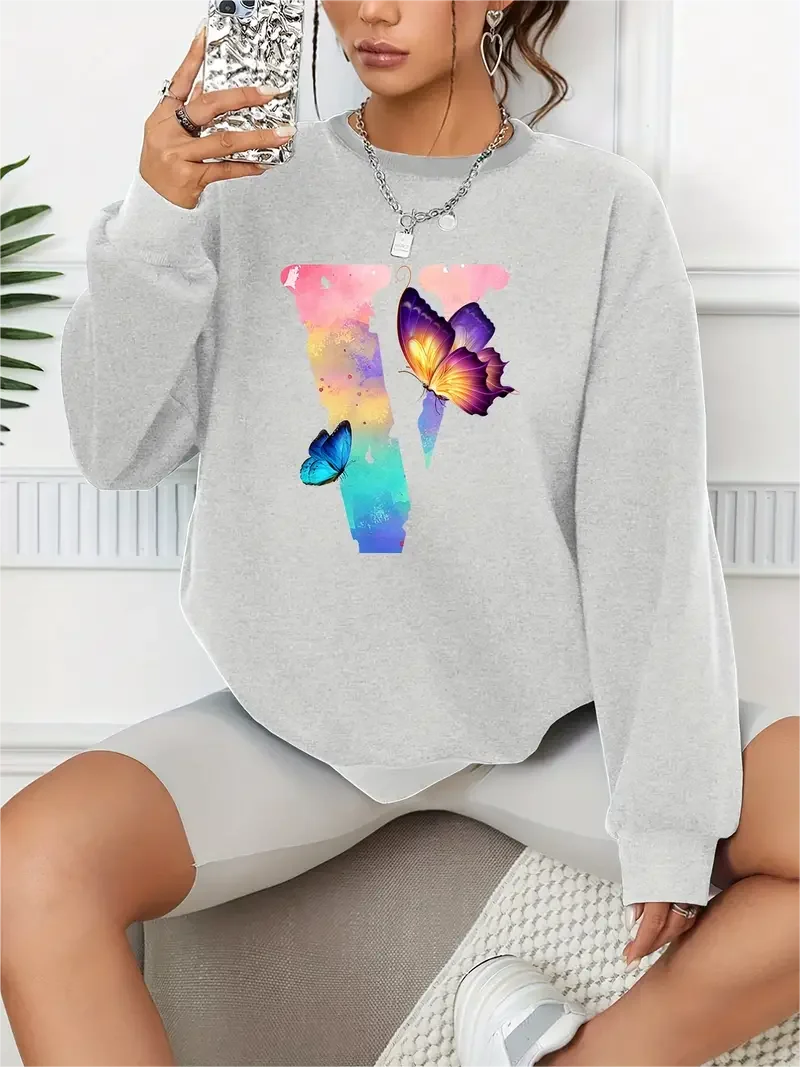 Women's Butterfly Sweatshirt Casual Long-Sleeved Pullover Loose Fashion Monochromatic Clothing Tops for Women 2024 Spring Hoodie