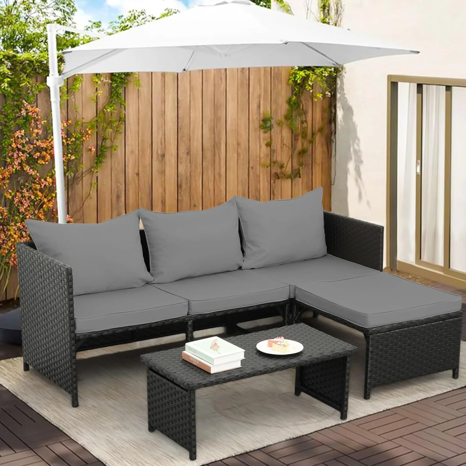 US Valita 3-Piece Outdoor PE Rattan Furniture Set Patio Black Wicker Conversation Loveseat Sofa Sectional Couch Gray Cushion