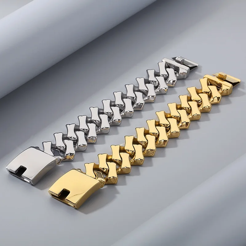 Fongten 20/30mm Square Cuban Chain Bracelet For Women Men 316L Stainless Steel Shiny Chain Men Charm Bracelets Bangle Jewelry